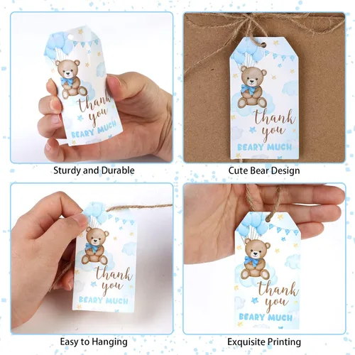 Vista 2 de Etiquetas de agradecimiento de oso, 50 etiquetas de regalo azules con cuerda para baby shower, etiquetas de regalo de agradecimiento para celebrar