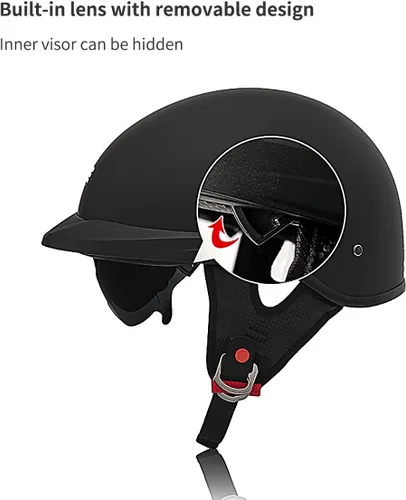 Vista 2 de Casco medio de motocicleta con visera para motocicleta para hombres y mujeres, casco para adultos, patinetas, vehículos todo terreno, cruceros