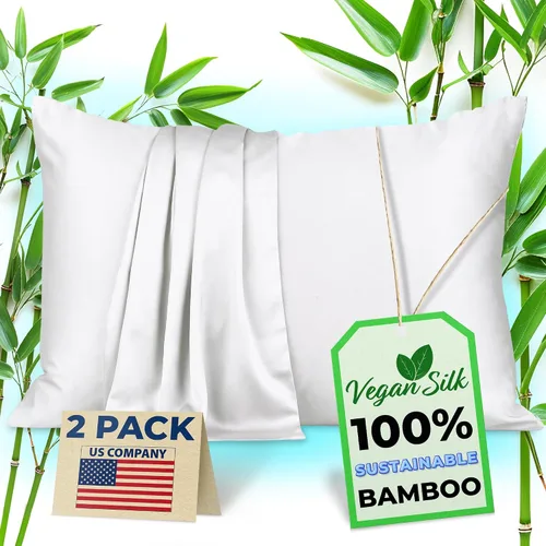 Vista 6 de Pillow Cases - 100% Viscose Derived from Bamboo - Cooling Pillowcase - Standard Size, Gray, Set of 2 Zippered - for Hot Sleepers - Soft Pillow