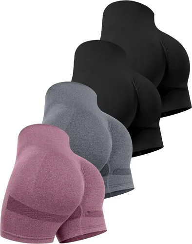 Vista 12 de CHRLEISURE Pantalones Cortos de Entrenamiento para Mujer, 4 Paquetes, Cintura Alta, Levantamiento de Glúteos con Fruncido, Pantalones Cortos Booty