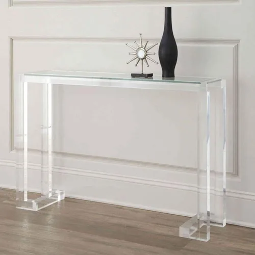Vista 4 de Mesa decorativa rectangular de acrílico moderna con 1 estante para pasillo, entrada de acrílico moderno, sala de estar, mesa larga de entrada, mesa