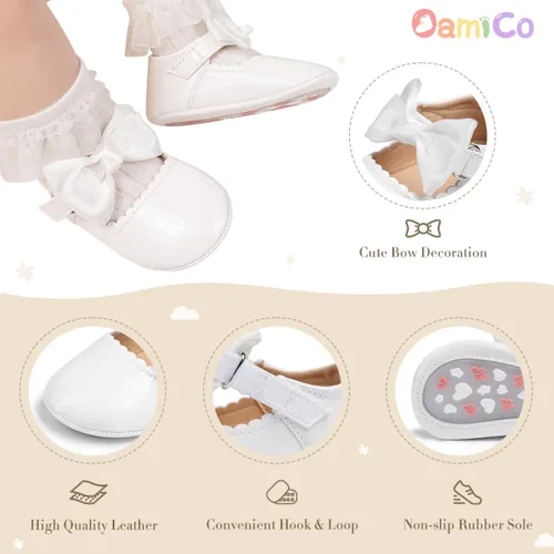 Vista 4 de Oamico Zapatos planos Mary Jane para bebés y niñas, suela de goma antideslizante con Bownot para primeros pasos, zapatos de vestir de boda