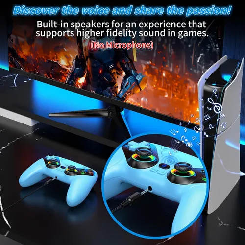 Vista 6 de Gamrombo Controlador inalámbrico LED para PS5, compatible con PS5 Pro/Slim/PC, doble vibración, función macro/turbo, conector de audio de 0.138 in
