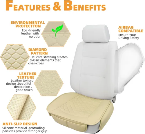 Vista 6 de Elantrip 2 Piezas Fundas de Asiento de Automóvil de Cuero Sintético Beige con Comodidad Acolchada y Bolsillos de Almacenamiento Impermeables