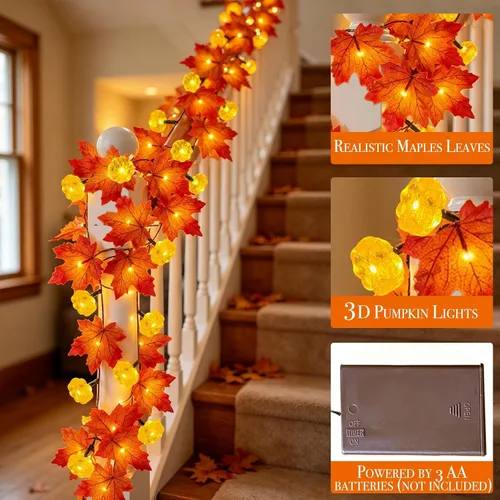 Vista 5 de Temporizador y paquete de 3 guirnaldas de otoño con luces de calabaza 60