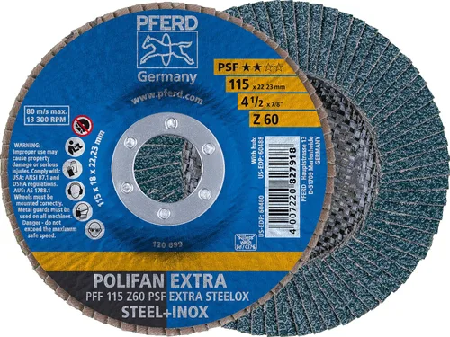 Vista 8 de PFERD POLIFAN® Disco Flap 4-1/2" x 7/8" Plano PSF-Extra, Circonita, Grano 40 (Paquete de 1) - Parte 60458