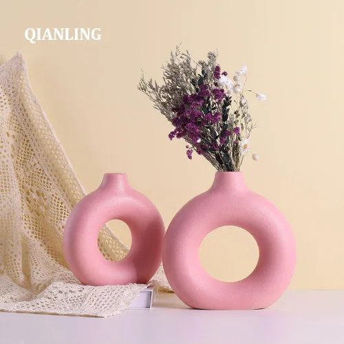 Vista 4 de Juego de 2 o 2 jarrones redondos de cerámica rosa, modernos jarrones rosados para centros de mesa, florero para decoración, se aplica a la sala