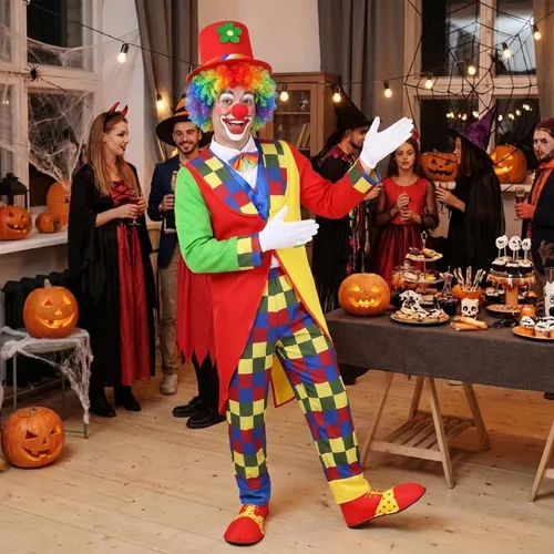 Vista 4 de Yahenda 7 Pcs Circus Clown Costume Set Halloween Rainbow Wig Hat Nose