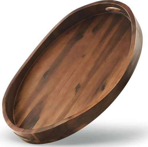 Vista 7 de TIDITA Bandeja otomana de madera de acacia con asas, redonda de 20 x 15 pulgadas, bandejas ovaladas grandes para sala de estar, bandejas de madera