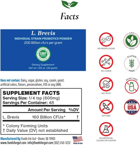 Vista 2 de Lactobacillus Brevis Probiotic Powder 200 mil millones de UFC Fabricado en Estados Unidos Directo del fabricante Sin almacenamiento
