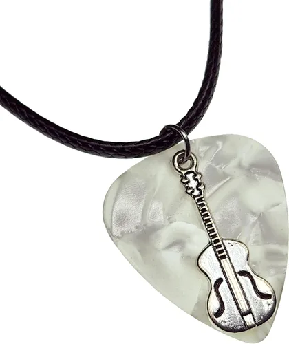 Vista 5 de Collar de púa de guitarra con dije de guitarra y cadena de cordón de cuero vegano
