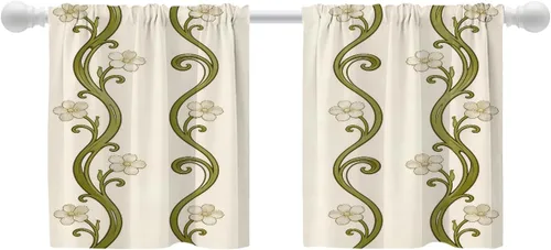 Vista 30 de Shrahala Art Nouveau Floral Pattern Blackout Curtain Tiers, Delicate Vine and Flower Design Kitchen Valance Light Blocking Tier Drapes with Rod