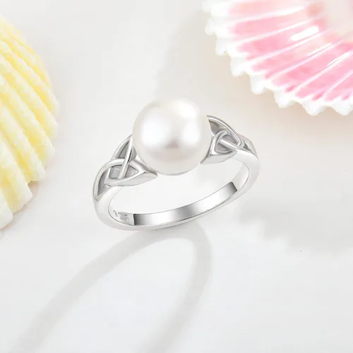 Vista 3 de STARCHENIE Anillos de perlas, anillo de compromiso de boda con nudo celta para mujer, anillo de plata de ley talla 5-10