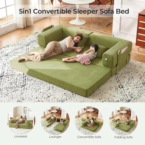Vista 4 de Sofá cama convertible de 79 pulgadas con almohadas, sofá cama plegable de pana con marco de forma fija, sofá deshuesado para sala de estar
