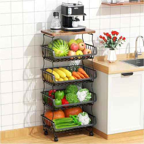 Vista 10 de Gsiekare Cesta de frutas y verduras para cocina, cestas de almacenamiento de 4 niveles apilables con ruedas, cestas organizadoras de almacenamiento