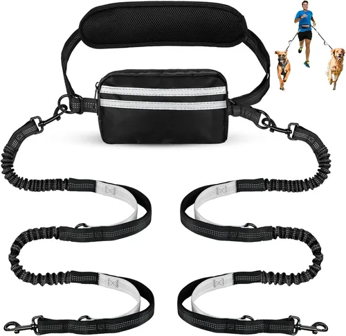 Vista 12 de Correa de perro manos libres para dos perros que caminan, correr, con cinturón de cintura, bolsa con cremallera y elástico amortiguador