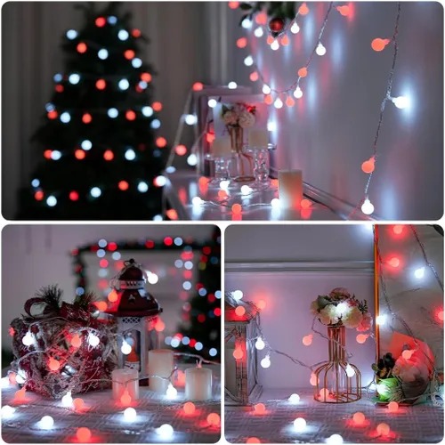Vista 2 de JMEXSUSS Luces de Cuerda de Globo, Luces de Navidad Rojas y Blancas, Enchufe de 100 LED Globe String Lights Plug in with Remote, 33 ft 8 Modes