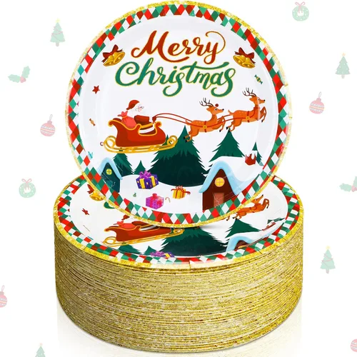 Vista 11 de Shellwei 100 platos de papel de Navidad de 7 pulgadas, platos de fiesta de Navidad a granel desechables para suministros de fiesta de Navidad