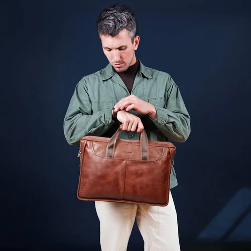 Vista 3 de BOSTANTEN Maletín para hombre de 17 pulgadas, bolsa para laptop e imagen del producto, carteras de cuero genuino para hombres, billetera plegable