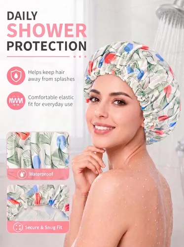 Vista 4 de Aquior Gorro de ducha grande reutilizable impermeable para mujeres, gorro de ducha para cabello largo y grueso, para todas las longitudes de Verde