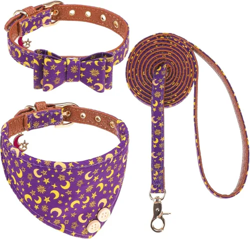 Vista 17 de EXPAWLORER Juego de collar y correa para cachorros, collar clásico a cuadros para perros pequeños con corbatín, bonito juego de collar y correa