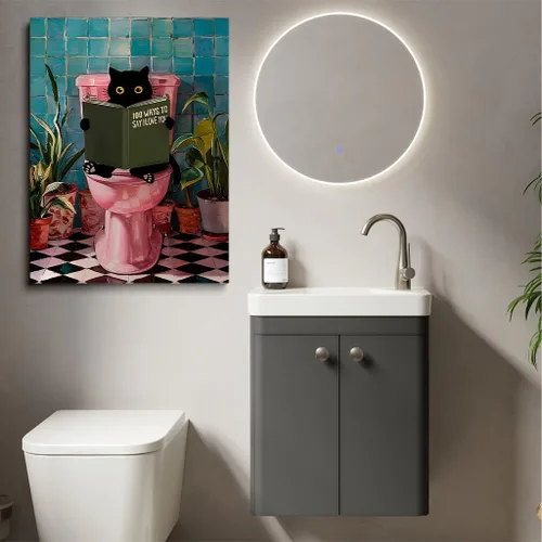 Vista 2 de Divertido arte de pared de gato negro para baño, periódico de lectura de gatos sobre inodoro, póster de mascota humorística rosa para decoración