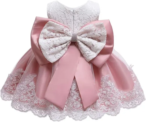 Vista 4 de Vestido de encaje y diadema formal con nudo de princesa y moño para niñas (color rojo sandía, 3-6 meses)