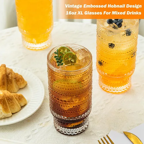 Vista 8 de KEMORELA - Juego de vasos elegantes de alta copa - Vasos XL de 16 oz - Bebidas mixtas, café helado, cerveza, jugo, agua - Diseños de nudos y cuentas