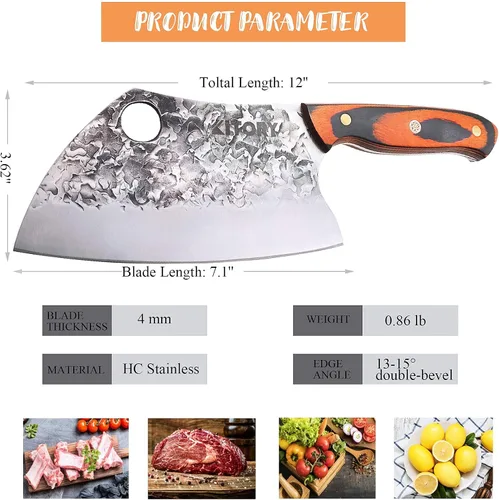 Vista 3 de Kitory Cuchillo de chef serbio, cuchillo de cocina forjado para carnicero, espiga completa, acero de alto carbono, remache de mosaico, mango