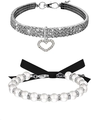 Vista 6 de Juego de Collar y Correa de Perro con Diamantes de Imitación y Perlas, Ajustable, Perros/Gatos Pequeños, Hembra, Elegante, Perla