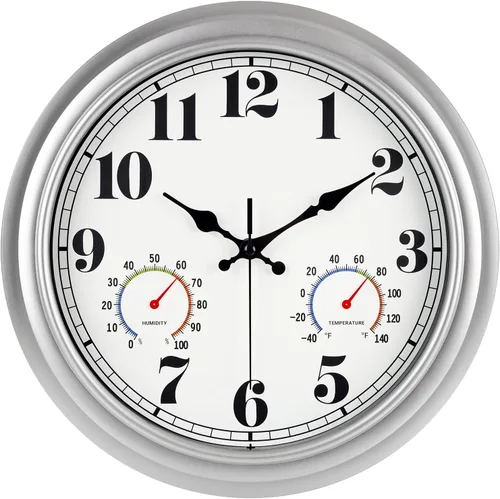 Vista 16 de JENLYSTIME Reloj de pared retro impermeable de 12 pulgadas para interior/exterior con termómetro, silencioso, redondo, de cuarzo, funciona con 40