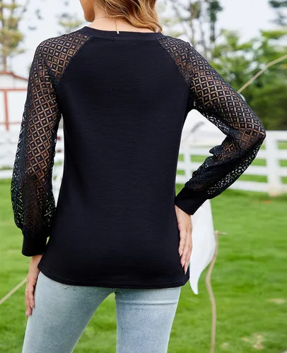 Vista 3 de MINTLIMIT Blusa de manga larga con encaje para mujer, estilo informal, elegante, de verano, holgada, de punto, cuello en V, sin botones Negro