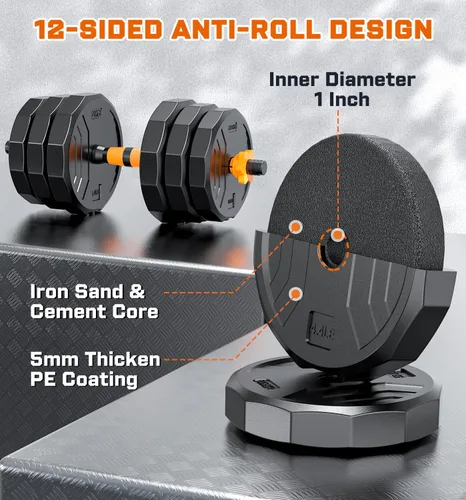 Vista 3 de 5-in-1 Adjustable Dumbbell Set, 33/44/66/88lbs Free Weights Set with Connector, Used as Kettlebells, Barbell, Push up Stand, Standard 1" Plates