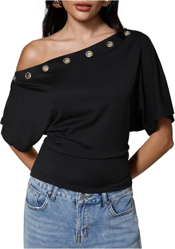 Vista 20 de SweatyRocks Women's Off The Shoulder Tops Asymmetrical Summer Going Out Top Negro