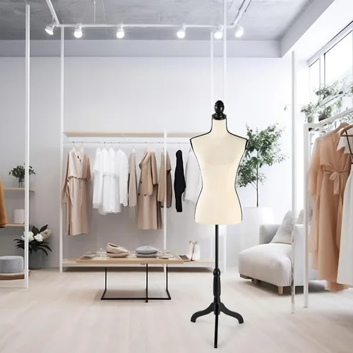 Vista 7 de Forma de vestido femenino, cuerpo de maniquí de costura, cuerpo de torso con base de madera de trípode para exhibición de ropa, exhibición de ventana