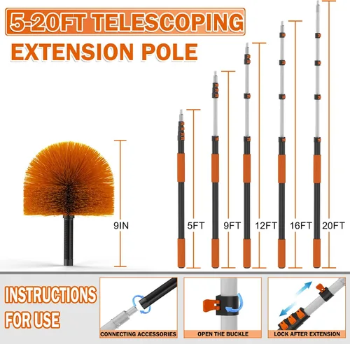 Vista 3 de Buyplus Plumero de telaraña de alcance de 26 pies, cepillo limpiador de telaraña para exteriores con poste de extensión profesional de 5 a 20 pies