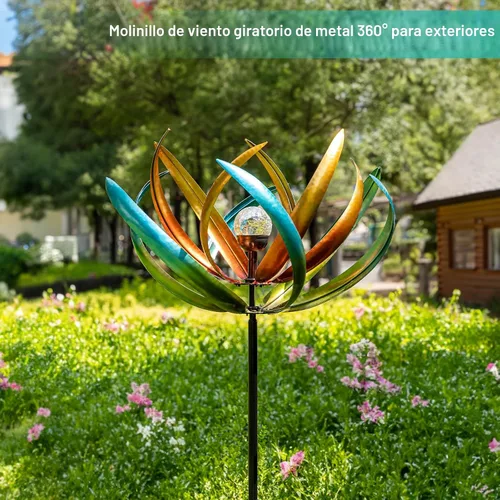 Vista 7 de Molinillo de viento solar grande de 83 pulgadas para exteriores, escultura de flor de tulipán de metal con bola de vidrio LED multicolor, arte