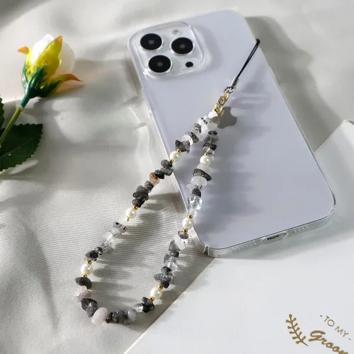 Vista 4 de Correa de muñeca para teléfono, con piedras preciosas naturales, con cuentas para teléfono celular, para mujeres y niñas (negro)