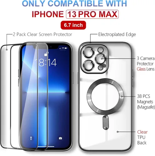 Vista 3 de Magsafe - Funda para iPhone 13 Pro Max, funda magnética transparente para teléfono con protector de pantalla y cubierta de cámara, funda galvanizada