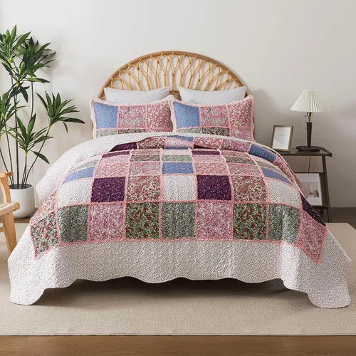 Vista 35 de Juego de cama de dos piezas, tamaño individual, de microfibra, reversible, de retazos, estilo floral, todas las estaciones, patrón de porcelana azul