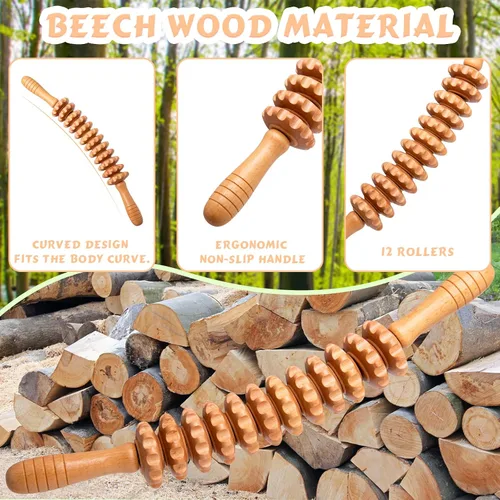 Vista 6 de Herramientas de rodillo de masaje de terapia de madera curva, drenaje linfático, masaje de celulitis y rodillo muscular de madera para cintura