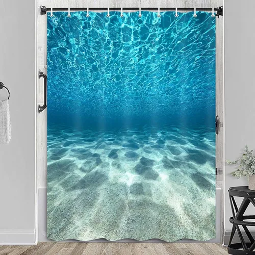 Vista 10 de MERCHR Cortina de ducha de playa azul océano, naturaleza bajo el agua, escena del mundo del mar, cortinas de baño, tela impermeable, 36 x 72 pulgadas
