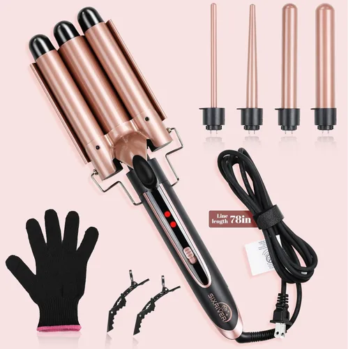 Vista 9 de Varita rizadora 5 en 1, rizador de pelo de 3 barriles All-in-One, 30s Rapid Heating, 1H Auto Shut-Off, Anti-Scald, Long-Lasting Volume, Dual