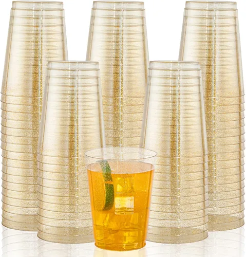 Vista 19 de I00000 100 vasos de plástico dorados, vasos de plástico transparente de 10 onzas con borde dorado, tazas de cerveza, taza dura desechable