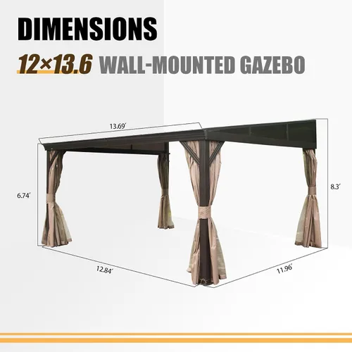 Vista 8 de Domi - Cenador de 12 x 14 pies con techo rígido de acero galvanizado inclinado, pérgola de pared con marco de aluminio, cortinas y red, para patio