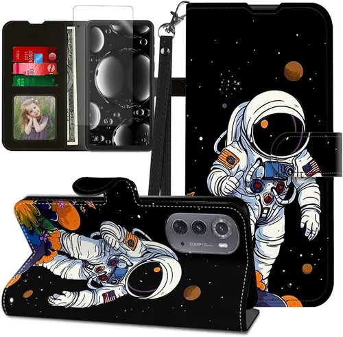 Vista 268 de Funda para Motorola Edge 2022 con protector de pantalla, soporte y tarjetero y correa para la muñeca, funda magnética para Moto Edge 2022 5G UW Lobo