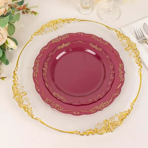 Vista 7 de Efavormart - Paquete de 10 platos desechables de 7 pulgadas transparentes con borde vintage burdeos, elegantes platos de postre de plástico