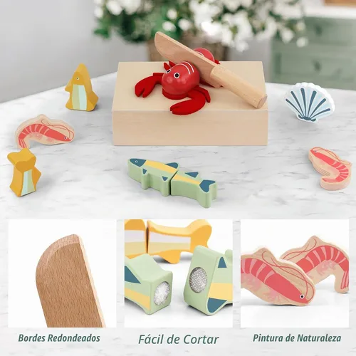 Vista 6 de PairPear - Juego de mariscos de madera para cortar alimentos para niños Toddlers Wooden Toy Food Pretend Play Kitchen Accessories, Cutting Food