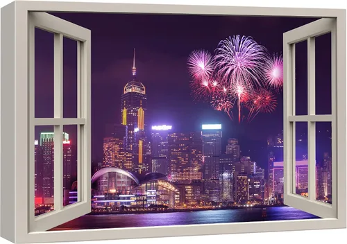 Vista 33 de wall26 - Cuadro en lienzo para pared, vista de ventana, celebración del 4 de julio, fuegos artificiales en el puerto de NYC, celebraciones