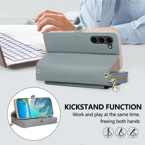 Vista 8 de Asuwish Funda de teléfono para Samsung Galaxy S23 5G con cremallera, funda para celular con protector de pantalla, correa para el hombro, espejo
